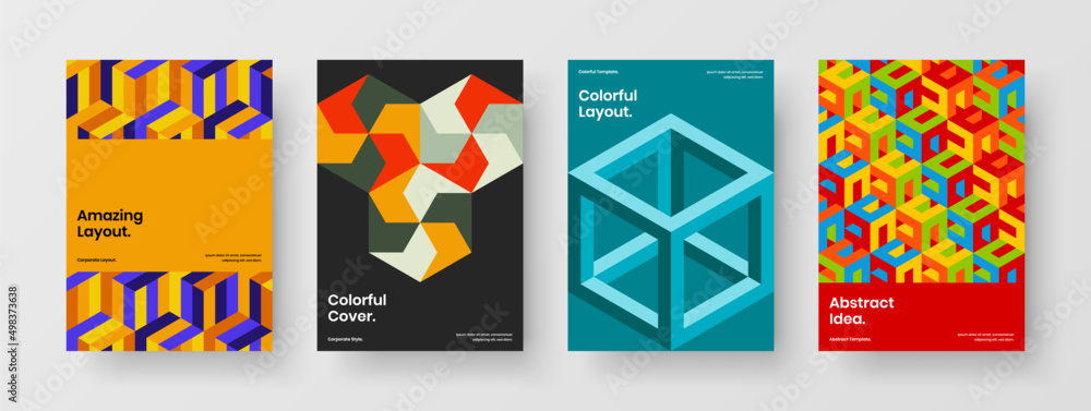 Fototapeta premium Multicolored mosaic hexagons leaflet layout set. Simple postcard design vector template bundle.