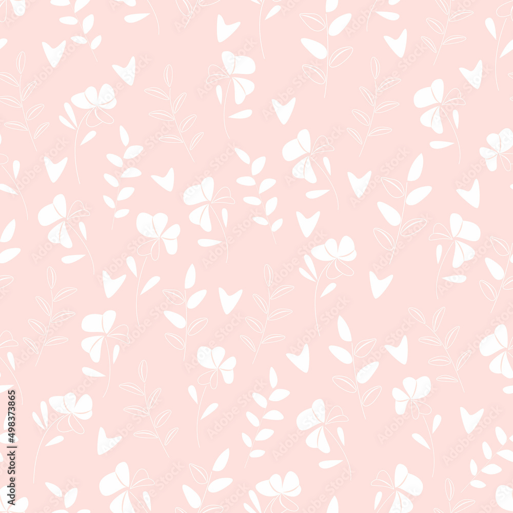 Delicate flowers and leaves on a pink background. Vector illustration. Pattern.
