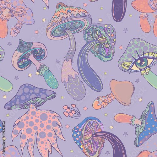 Magic mushrooms. Psychedelic hallucination. Vibrant vector illustration. 60s hippie colorful background, hippie and boho texture. Ttrippy wallpaper.