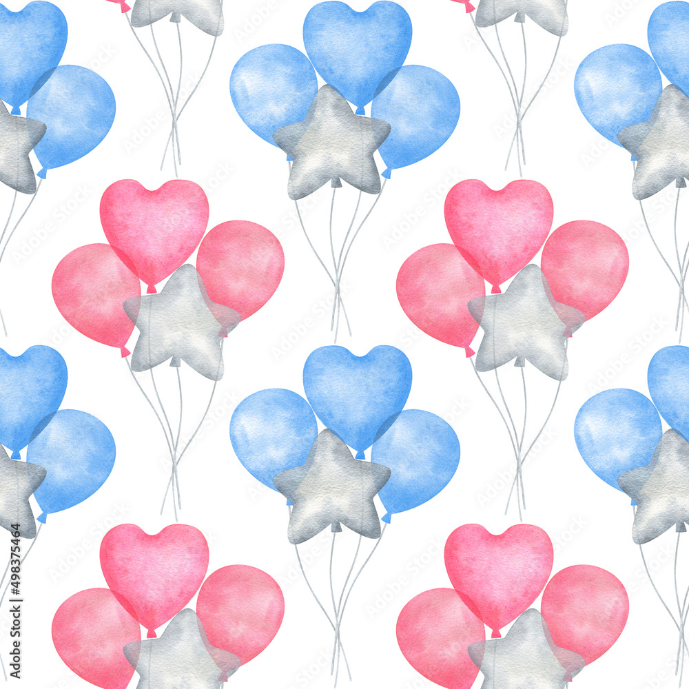 Pink and blue balloons. Seamless pattern with watercolor air ball