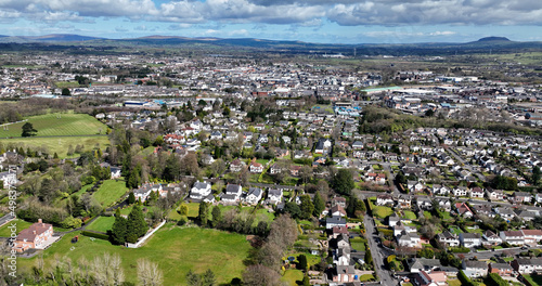 Aerial photo of Ballymena Industrial and Residential areas St Patricks Slemish Mountain in background Antrim N Ireland