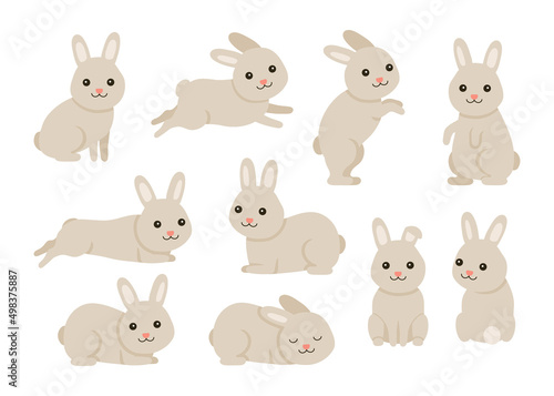 Cute baby rabbit or hare pet set for Easter design in different poses. Animal bunny in cartoon style. Rabbit stand, sit, liye, jump and play. Vector illustration