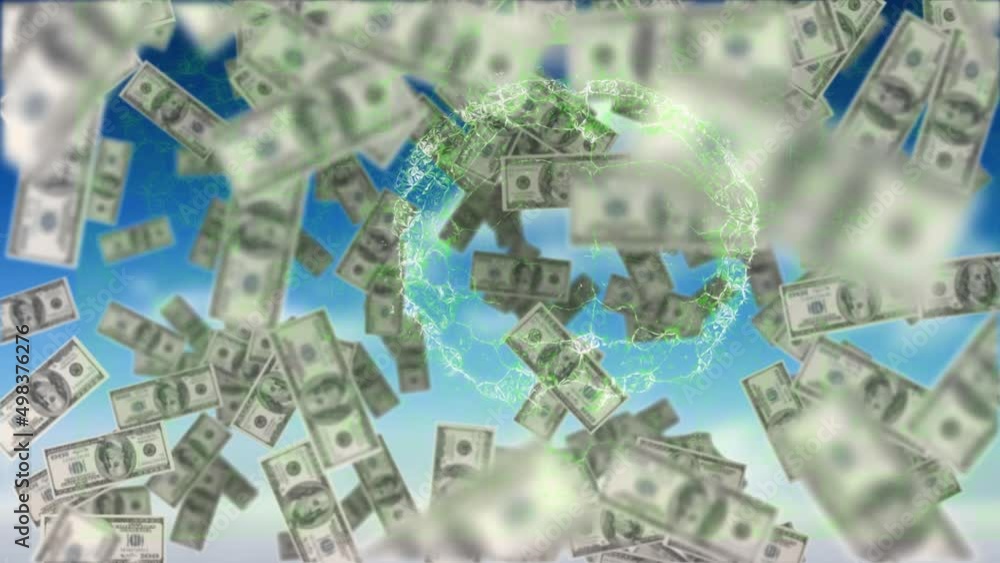 Animation of digital brain and dollar bills falling on blue background Animation of digital brain and dollar bills falling on blue background