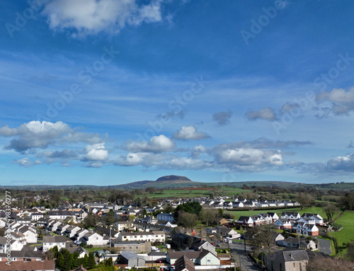 Aerial photo of Broughshane village Residential areas St Patricks Slemish Mountain in background Antrim N Ireland