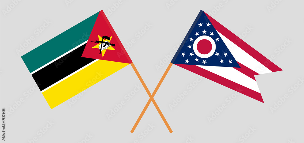 Crossed flags of Mozambique and the State of Ohio. Official colors. Correct proportion Crossed flags of Mozambique and the State of Ohio. Official colors. Correct proportion