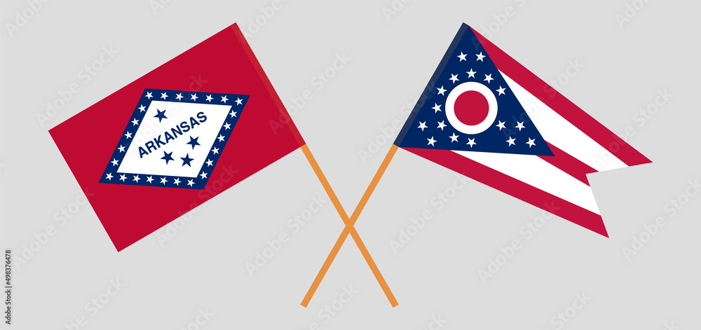 Crossed flags of The State of Arkansas and the State of Ohio. Official colors. Correct proportion