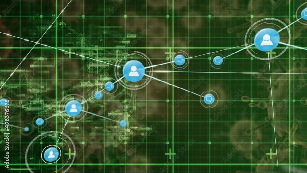 Network of digital icons over grid network against multiple covid-19 cells on green background Network of digital icons over grid network against multiple covid-19 cells on green background