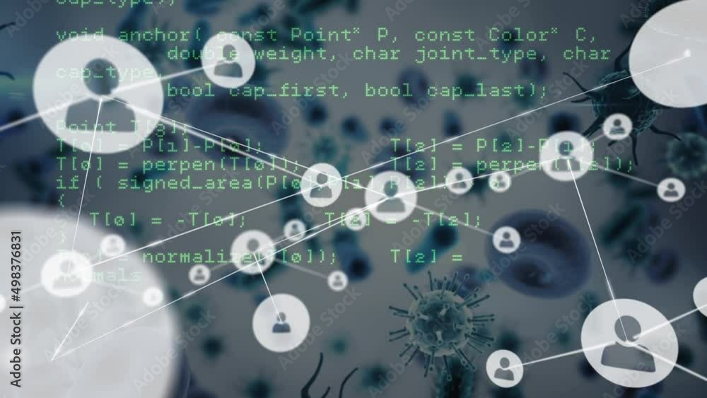 Network of profile icons and data processing against covid-19 cell and blood vessels Network of profile icons and data processing against covid-19 cell and blood vessels