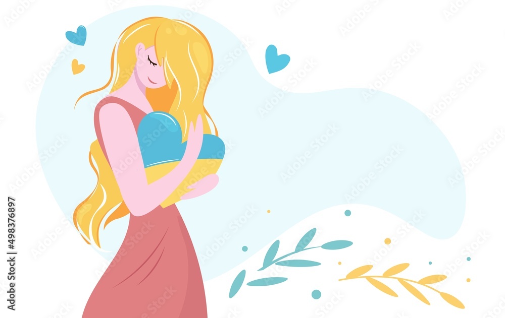 Cute young girl - flat character hugging blue and yellow heart of Ukraine. Vector isolated design with a bright pensive woman in a pink dress. Isolated vector design for postcard, banner, landing page Cute young girl - flat character hugging blue and yellow heart of Ukraine. Vector isolated design with a bright pensive woman in a pink dress. Isolated vector design for postcard, banner, landing page