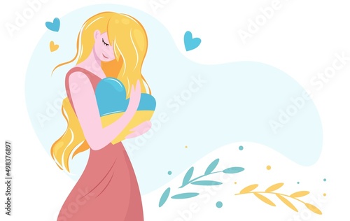 Cute young girl - flat character hugging blue and yellow heart of Ukraine. Vector isolated design with a bright pensive woman in a pink dress. Isolated vector design for postcard, banner, landing page