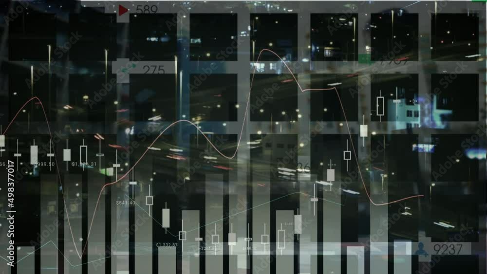 Animation of financial data processing over cityscape at night Animation of financial data processing over cityscape at night