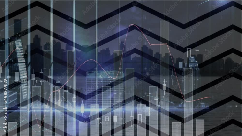 Animation of financial data processing over cityscape Animation of financial data processing over cityscape
