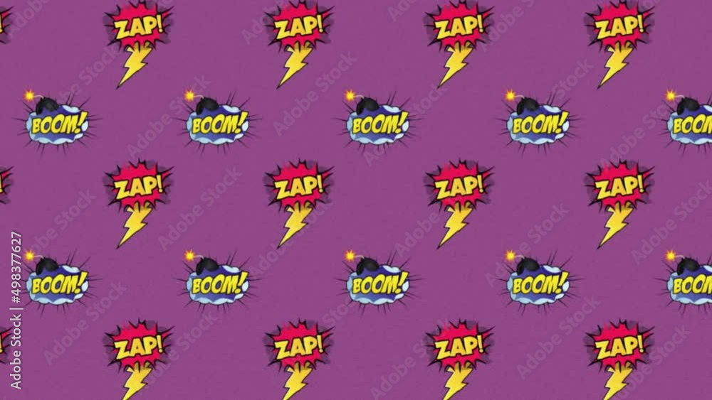 Animation of comic 5 options text over multiple comic speech bubbles with comic sound effects texts Animation of comic 5 options text over multiple comic speech bubbles with comic sound effects texts