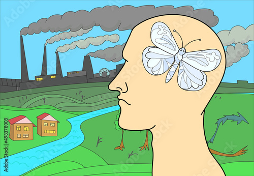 Silhouette of a man with a butterfly in his head against backdrop of a polluting industry