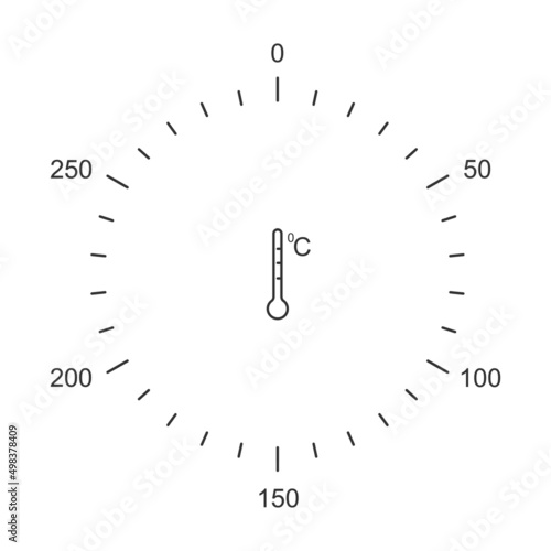 Oven dial knob markup template with Celsius temperature gauges and thermometer icon. Cooking theme pictogram isolated on white background. Vector outline illustration.