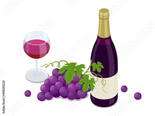 Isometric Bottle of red wine, bunche of wine grapes and glass of red wine.