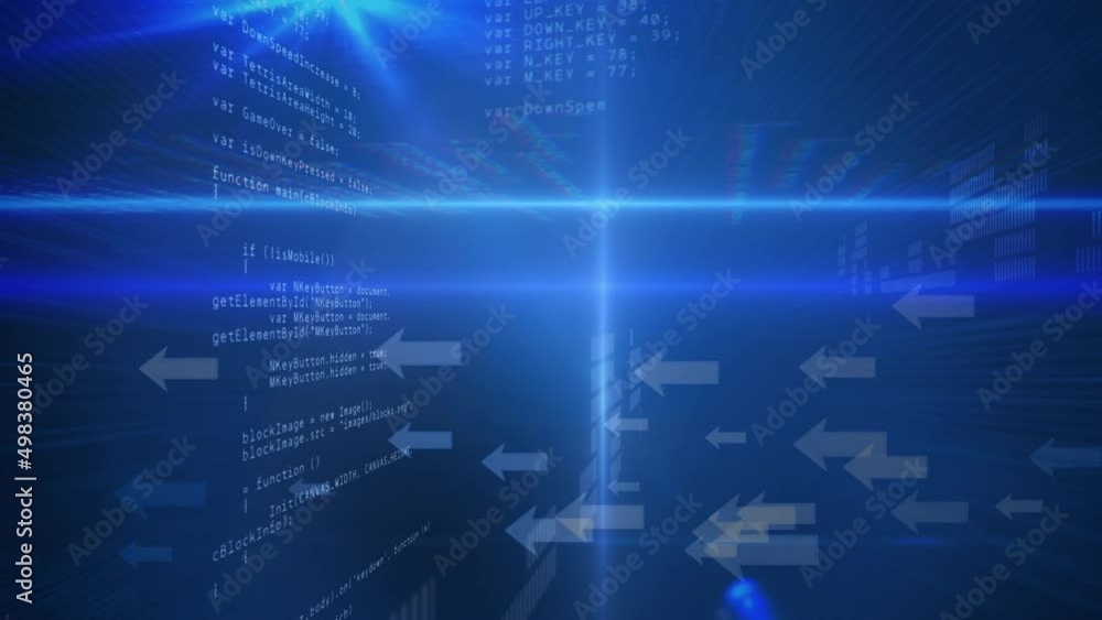 Animation of data processing and arrows on blue background Animation of data processing and arrows on blue background