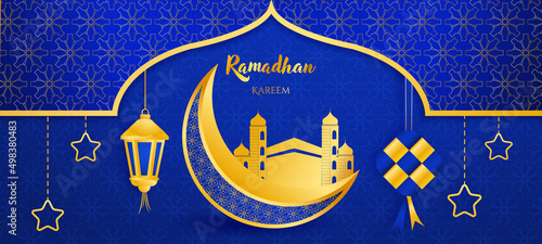 Ramadan kareem 2022 background. Paper cut vector illustration with lantern,mosque, window, star and moon, place for text greeting card and banner
