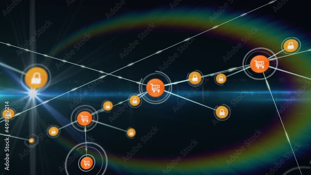 Animation of network of connections with icons on black background Animation of network of connections with icons on black background