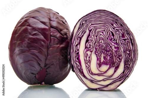 Red cabbage cut in half on a white isolated background