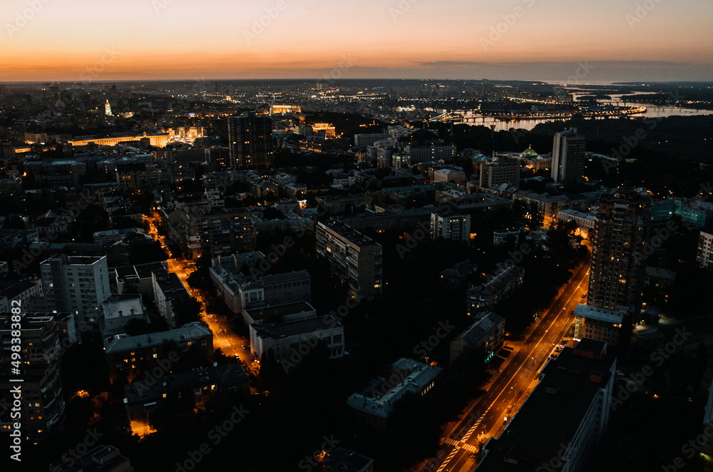 Panoramic view of the night city of Kyiv in Ukraine