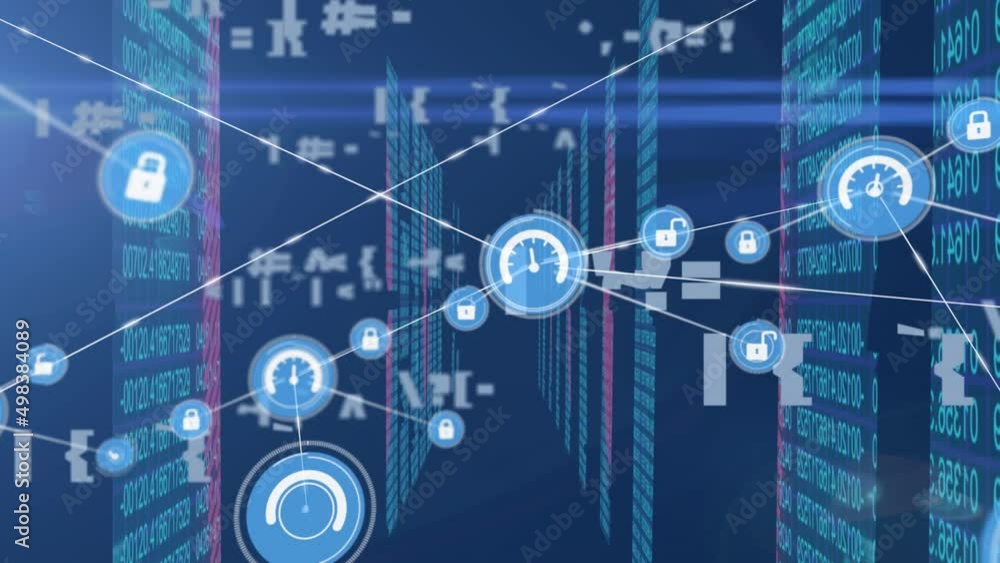 Animation of network of connections with icons over data processing Animation of network of connections with icons over data processing