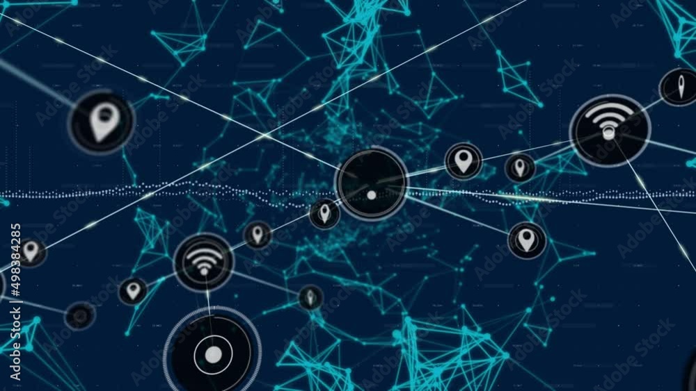 Animation of network of connections with icons on blue background Animation of network of connections with icons on blue background