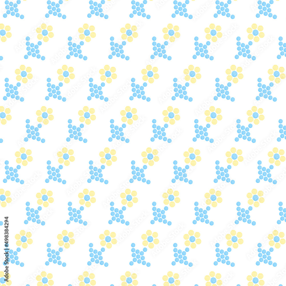 Vector pattern with abstract hand drawn elements in yellow and blue colors. Decorative geometric floral ornament.