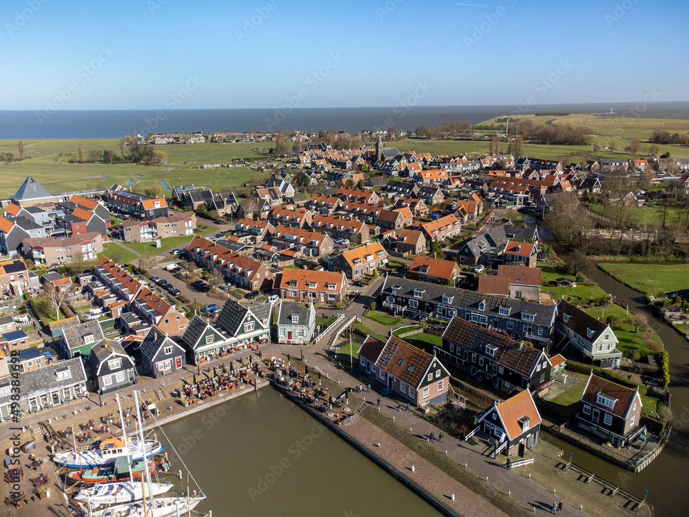 Aerial view on small Dutch town Marken with wooden houses located on former island in North Holland, Netherlands