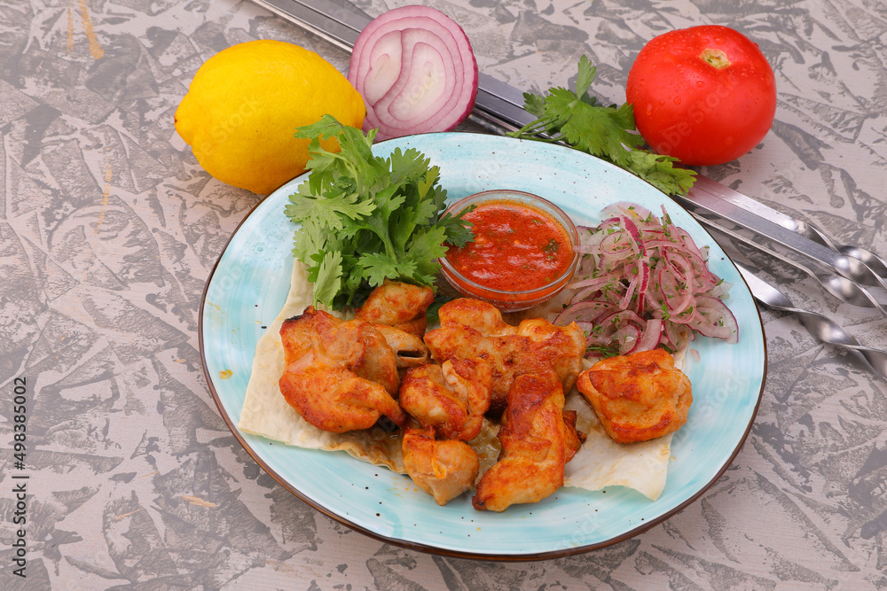 meat kebab is a national dish grilled meat on coals with sauce for the menu high-quality photo 