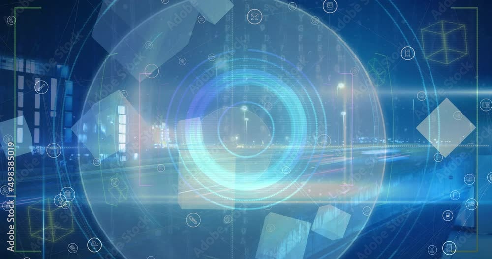 Animation of network of connections, icons and data processing over globe Animation of network of connections, icons and data processing over globe