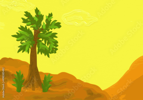 Green tree among the mountains  color drawing in yellow and brown shades  for print and design