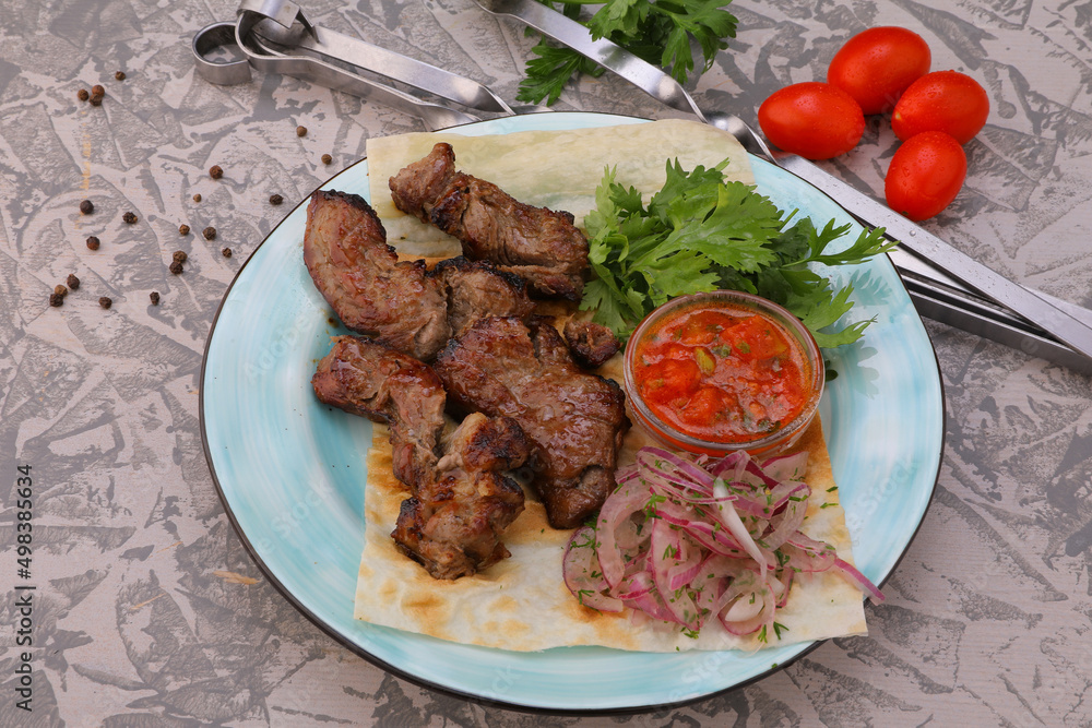 meat kebab is a national dish grilled meat on coals with sauce for the menu high-quality photo meat kebab is a national dish grilled meat on coals with sauce for the menu high-quality photo