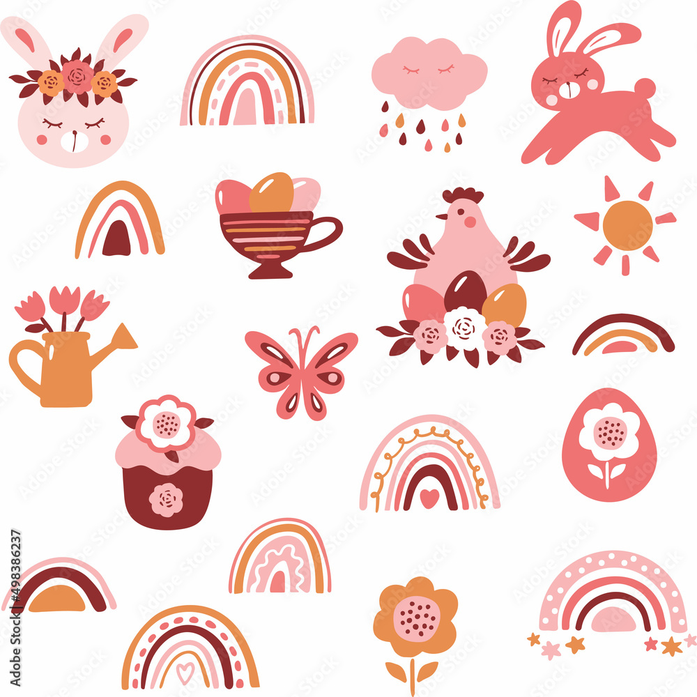 Easter vector illustration set: bunny, chicken, rainbows, flowers, cake, eggs, cloud, butterfly Easter vector illustration set: bunny, chicken, rainbows, flowers, cake, eggs, cloud, butterfly