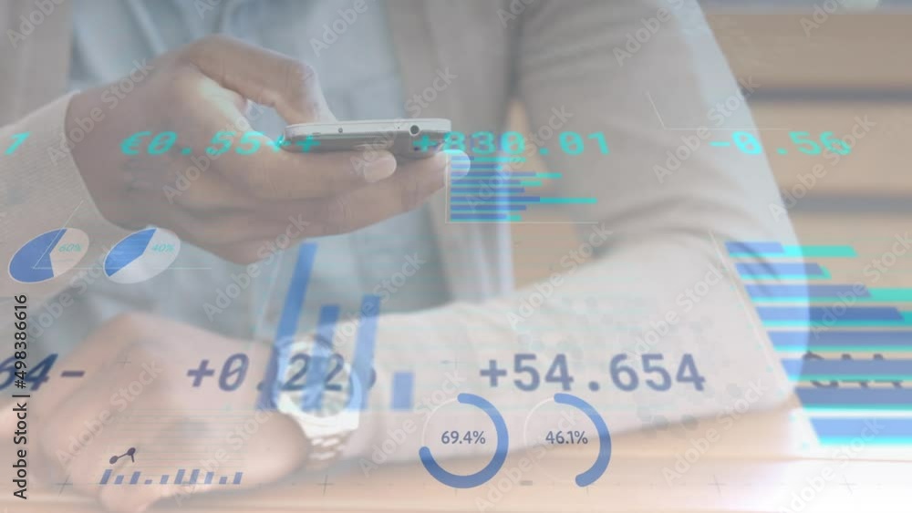 Animation of financial data and graphs moving over hands of caucasian man using smartphone Animation of financial data and graphs moving over hands of caucasian man using smartphone