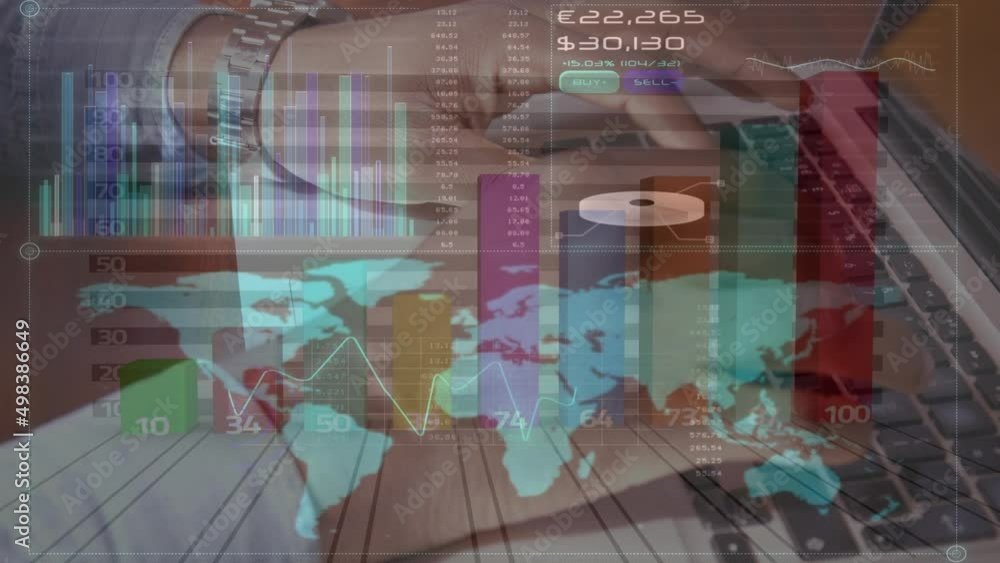 Animation of financial data and graphs over hands of caucasian man using laptop Animation of financial data and graphs over hands of caucasian man using laptop