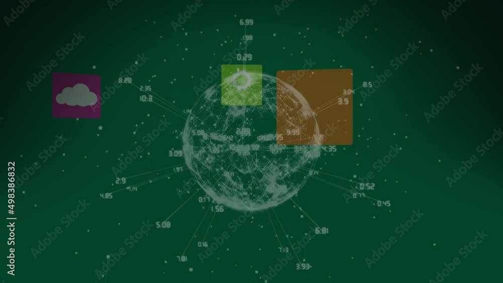 Animation of globe, numbers and icons over green background Animation of globe, numbers and icons over green background