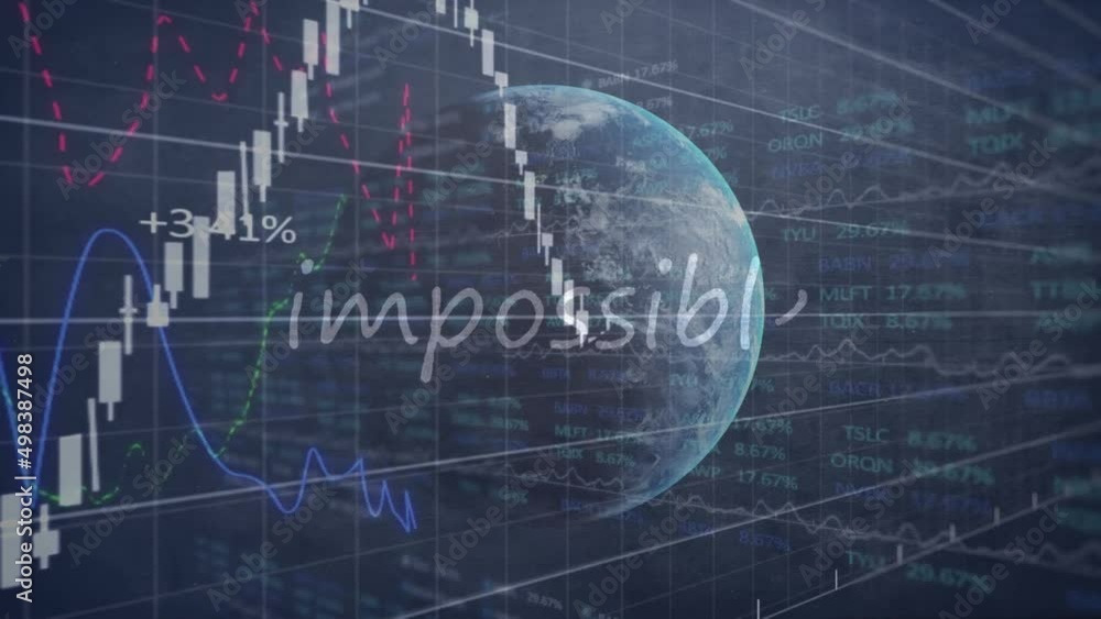 Animation of impossible text, data processing over globe and grid on blue background Animation of impossible text, data processing over globe and grid on blue background
