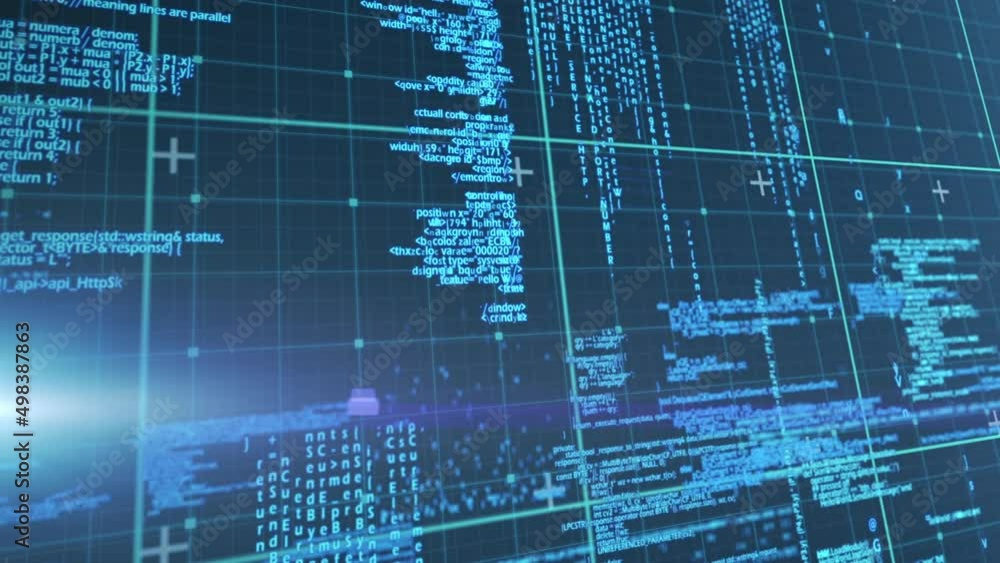 Animation of digital data processing over grid and blue background