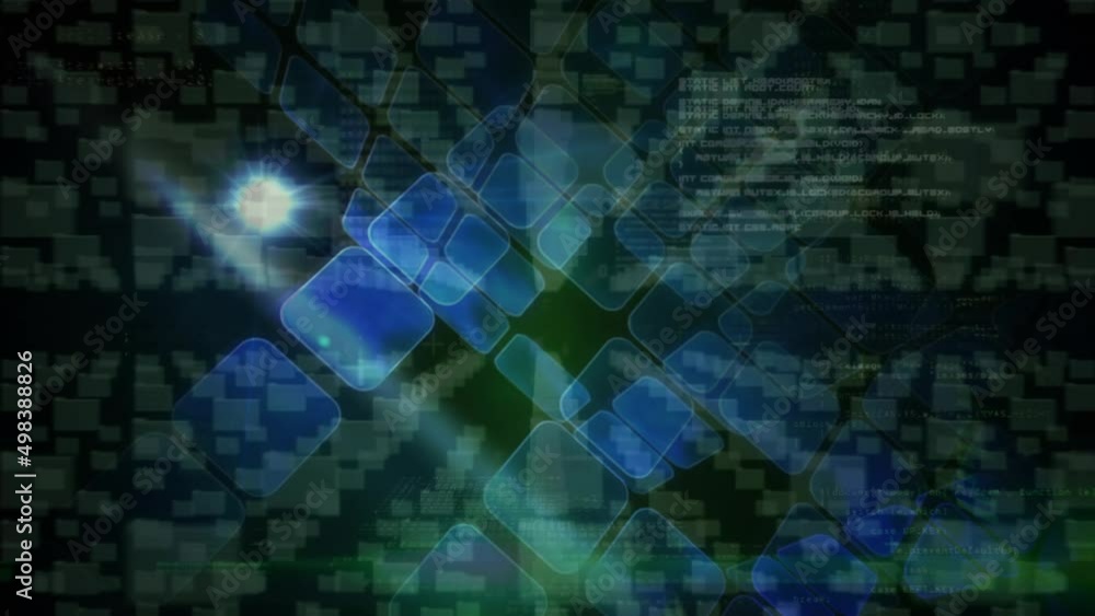 Animation of digital data processing over screens and grid background