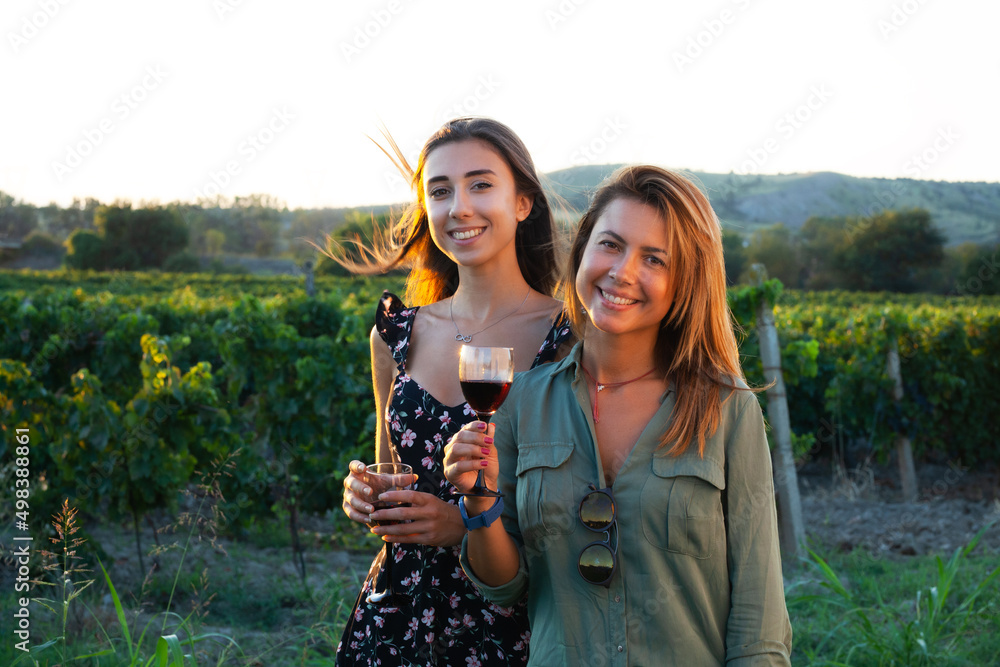 Fototapeta premium Beautiful girls tasting wine in a field near vineyard field. Celebrating successful harvest season. Couple having a romantic date. Rural tourism concept