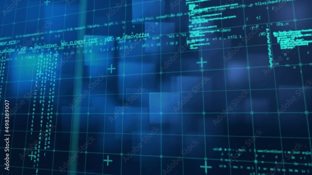 Animation of digital data processing over grid on blue background Animation of digital data processing over grid on blue background