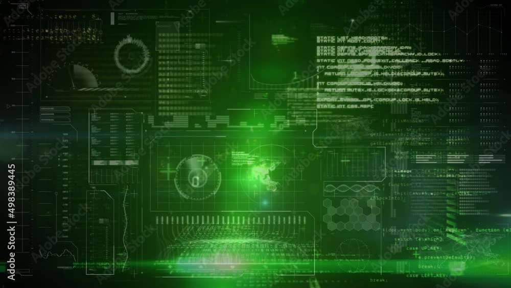 Animation of interface with data and information processing over glowing green light Animation of interface with data and information processing over glowing green light
