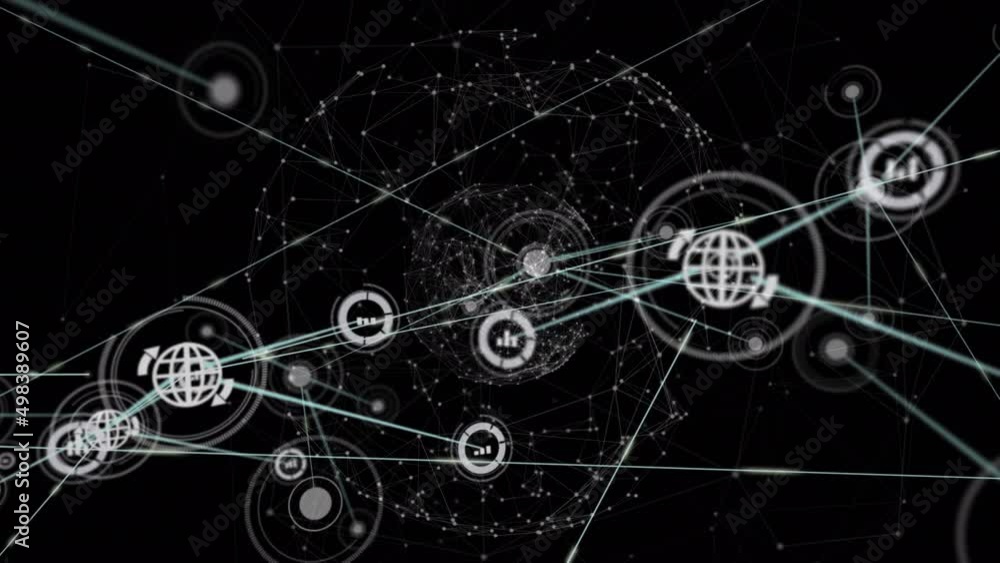 Animation of growing network of information and global sharing icons transferring data on black Animation of growing network of information and global sharing icons transferring data on black
