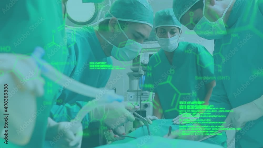 Animation of medical information and data processing over patient view of surgeons operating Animation of medical information and data processing over patient view of surgeons operating