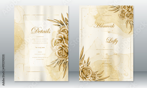 Wedding invitation card template vintage design with gold background and rose bouquet