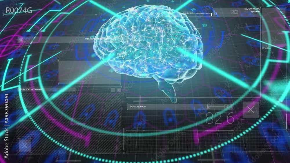 Animation of rotating brain and diverse data over black background Animation of rotating brain and diverse data over black background
