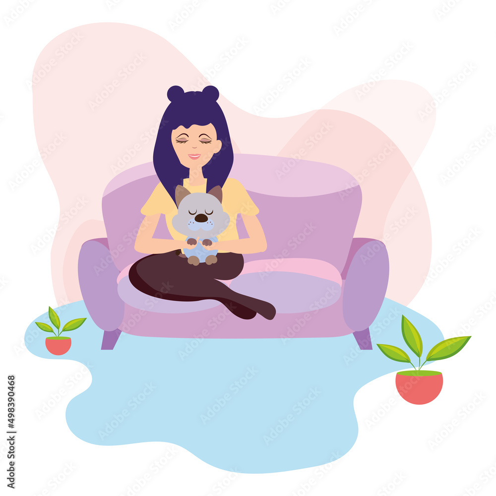Happy girl sitting on a couch with her dog Hygge concept Vector Happy girl sitting on a couch with her dog Hygge concept Vector