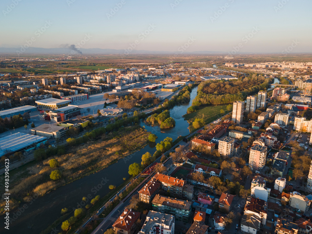 Aerial view of Maritsa river and panorama to City of Plovdiv, Bulgaria