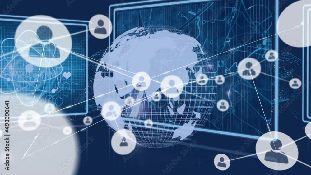 Animation of network of connections with people icons over globe Animation of network of connections with people icons over globe